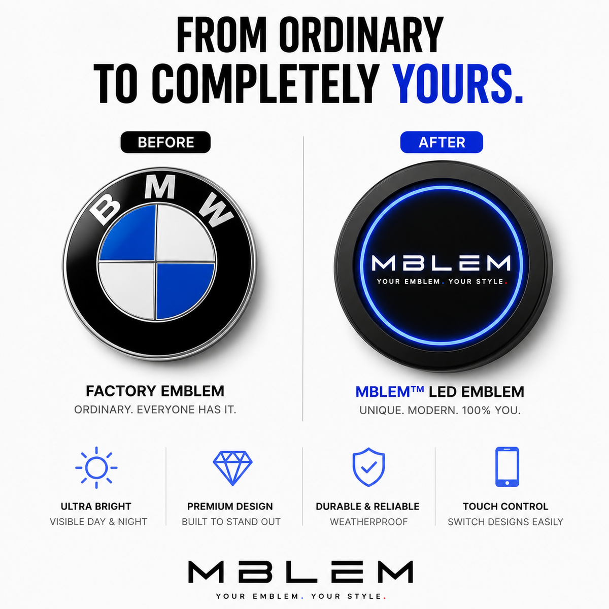 Mblem Animated LED Car Emblem — Digital Badge (74mm / 82mm)