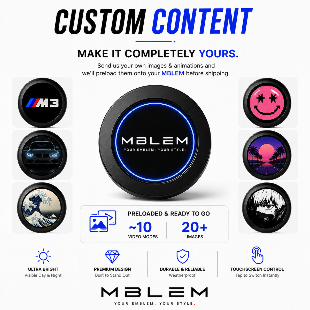 Mblem Animated LED Car Emblem — Digital Badge (74mm / 82mm)